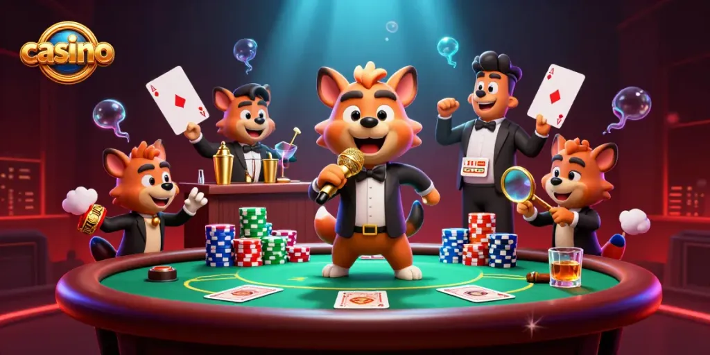 Hyenas entertain at a comedy casino, showcasing vibrant casino elements like poker tables and chips.