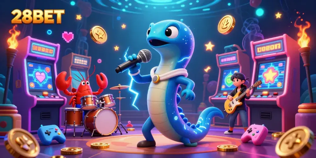 Engage in thrilling gameplay with 28BET, featuring an underwater casino scene and vibrant characters.