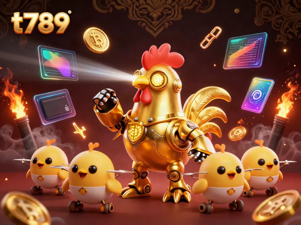 Witness the dynamic t789 illustration featuring a golden rooster robot and baby chick drones amidst vibrant casino elements.