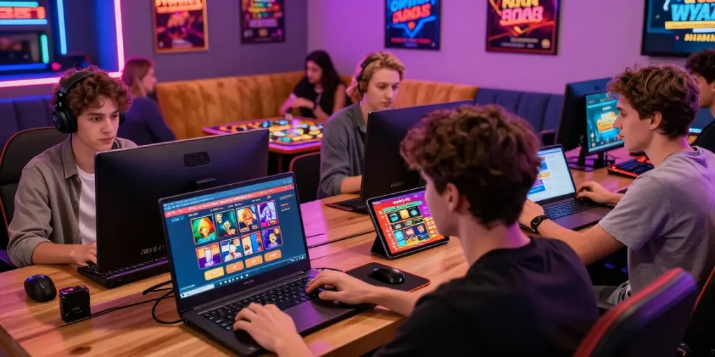 Diverse group enjoying gaming at non gamstop casinos in a vibrant lounge setting.
