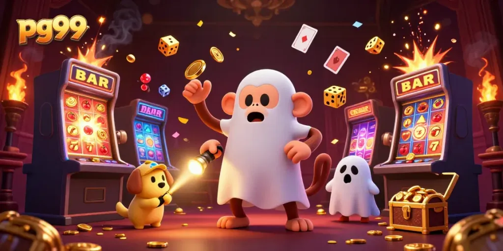 Experience excitement with pg99 in a bustling casino scene featuring golden winnings and playful characters.