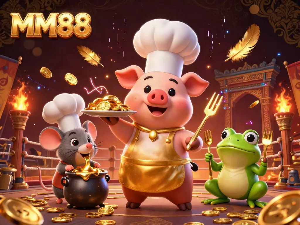 Experience MM88's thrilling gaming atmosphere with chef pig serving golden coins in a vibrant casino scene.