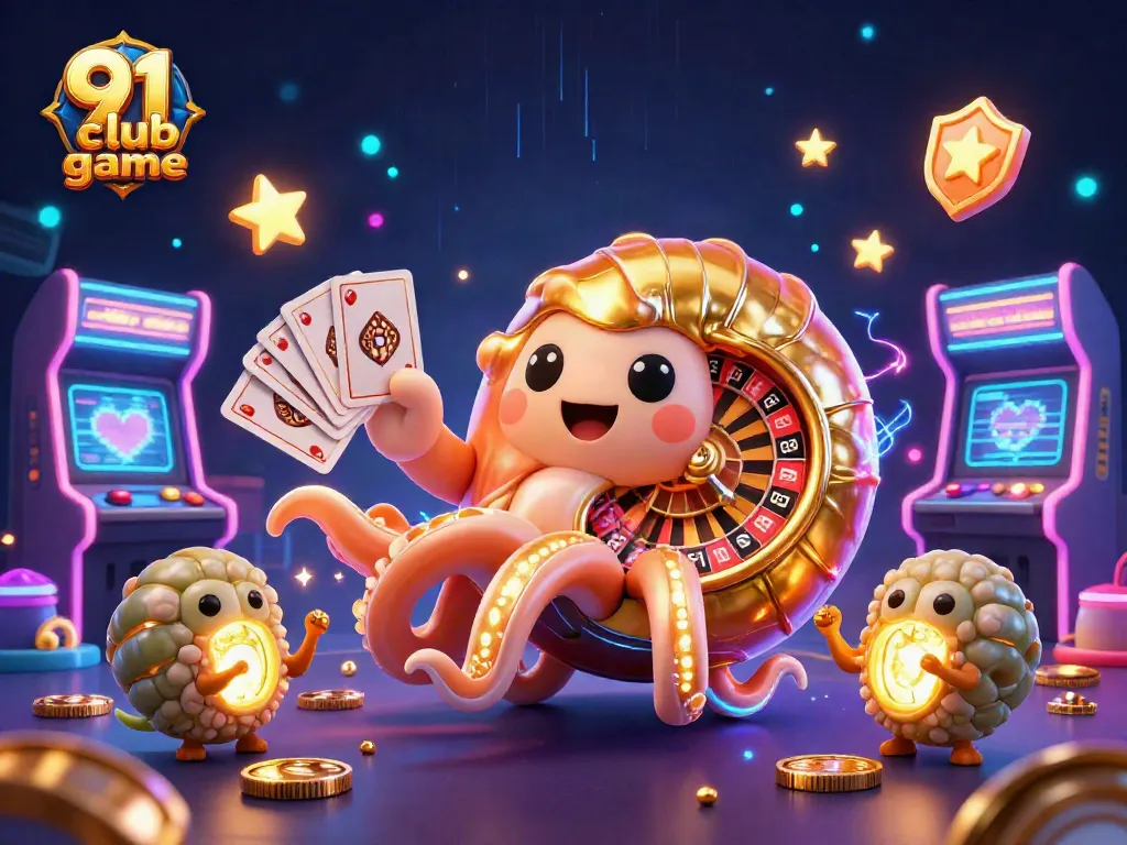 Engage in the 91 club game with a vibrant 3D depiction of exciting casino elements.