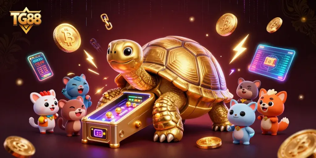 Experience thrilling play with TG88 in a vibrant, dynamic casino scene filled with crypto elements.