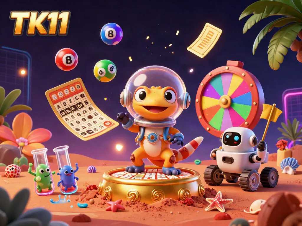 Engaging scene showing TK11 with a Martian gecko discovering a buried golden casino amidst colorful gambling elements.