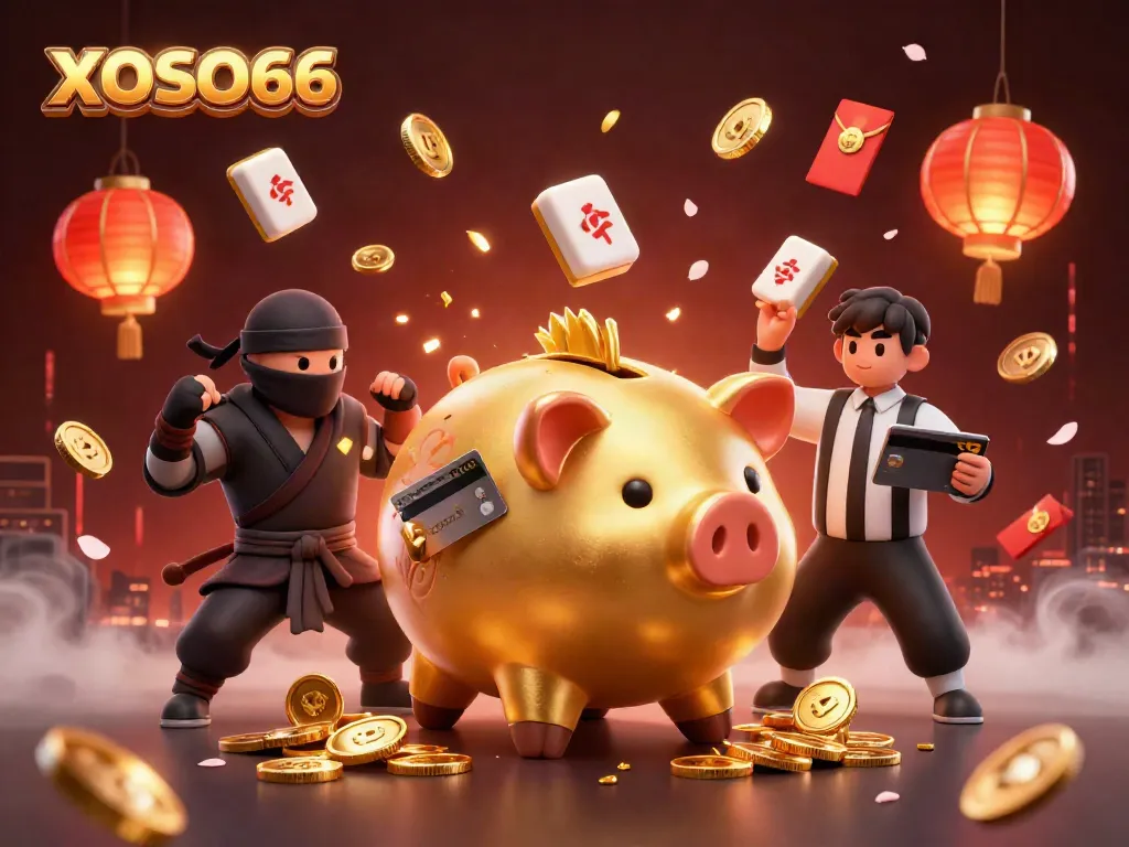 XOSO66 introduces an exciting scene with a golden piggy bank sumo wrestler, a wallet ninja, and a credit card samurai, surrounded by gambling elements.