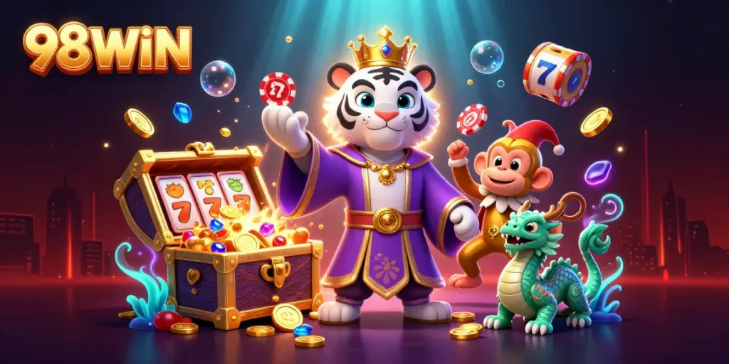 Engage with the exciting world of slots and jackpots at 98WIN, featuring vibrant casino characters.