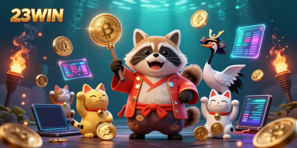 Experience the excitement of 23WIN with cartoon characters celebrating in a vibrant casino scene.