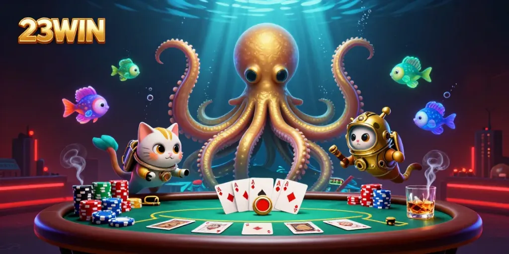 Experience thrilling poker action with 23WIN as the kraken, diving cat, and fish bring the underwater casino to life!