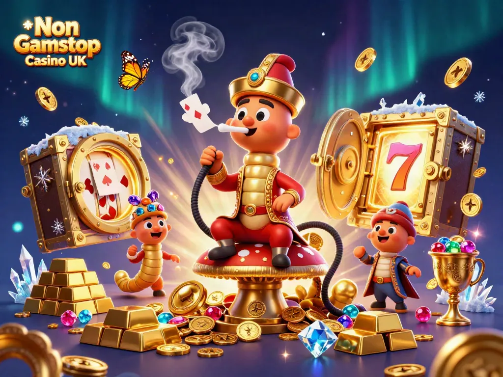 Experience excitement at a Non Gamstop Casino UK with vibrant 3D illustrations depicting a lavish gaming scene.