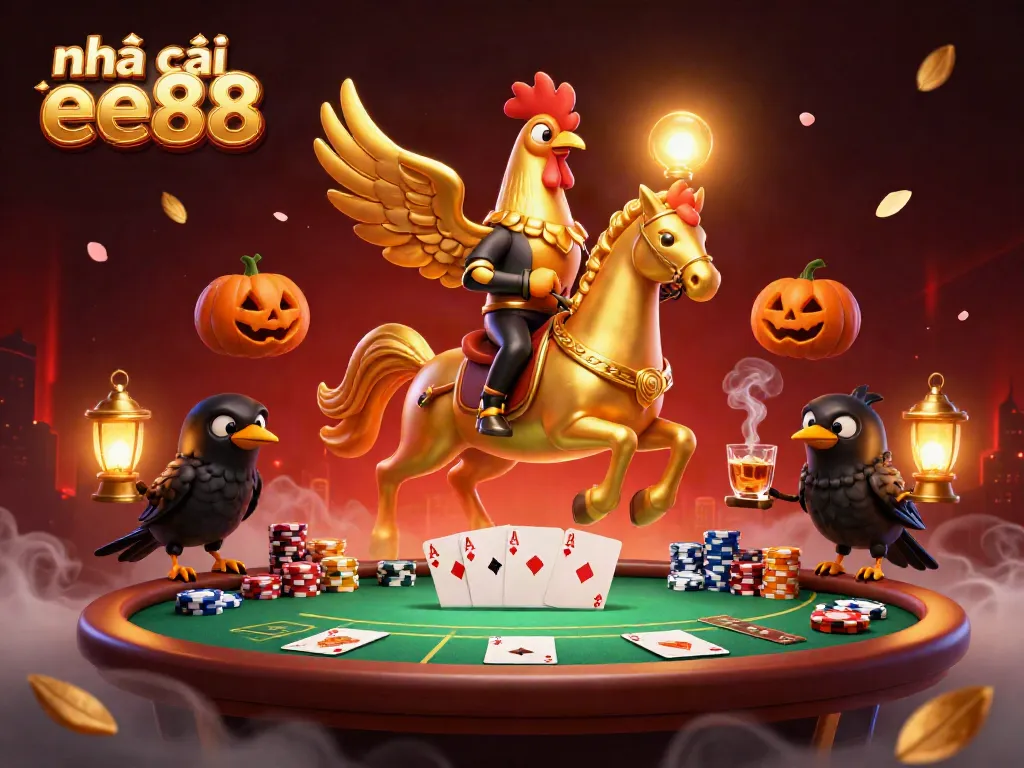 Engage with the vibrant world of nhà cái ee88, where a golden rooster and friends explore a bustling casino.