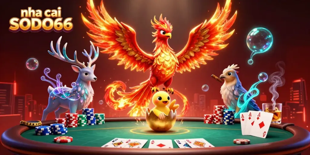 Play spirited games at nha cai SODO66 with enchanting scenes depicting a phoenix and vibrant poker elements.