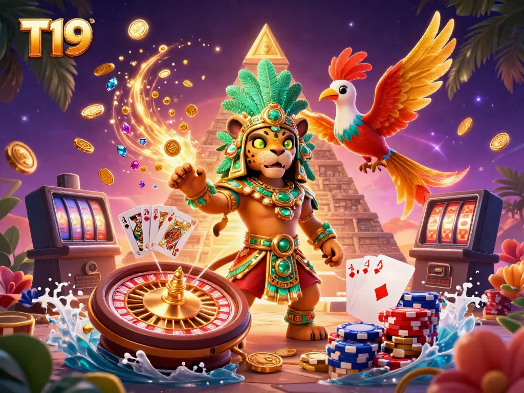 Experience the thrill of T19 with vibrant casino-themed 3D illustration showcasing jackpot excitement.