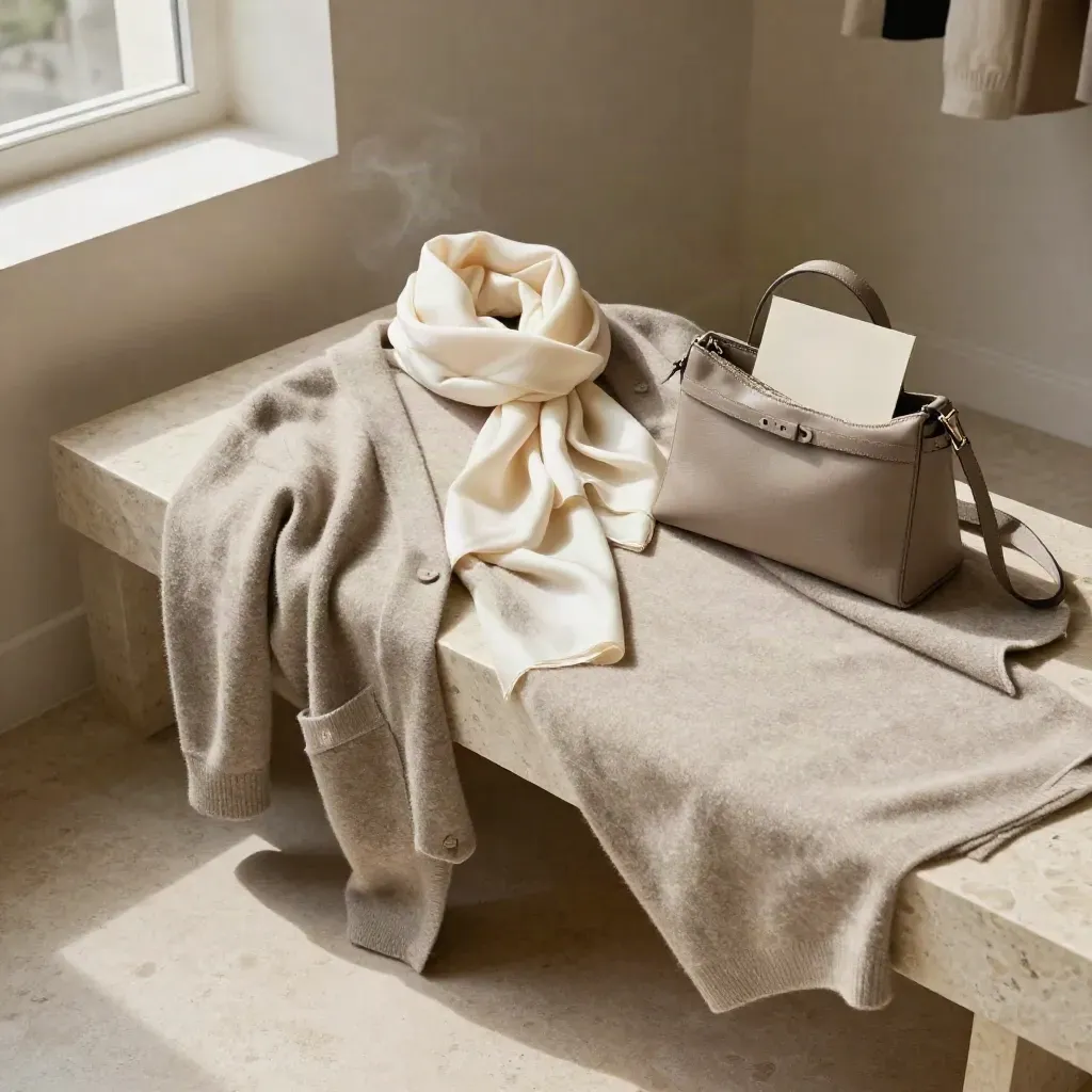 Cosy knit dress, cardigan, scarf and mini bag on a travertine bench in moody boutique light.
