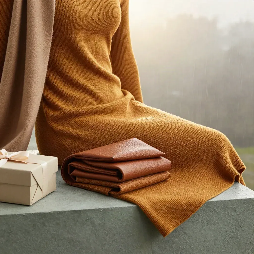 Amber knit midi dress with scarf, crossbody, wrap and gift box on a sage stone plinth in soft dawn mist.