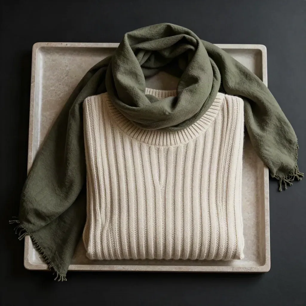 Cream rib knit top with olive scarf and stone tray on a dark studio surface.