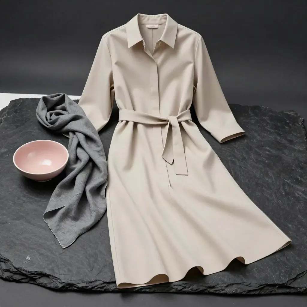 Oat crepe midi shirt dress sculpted with scarf and blush bowl on dark slate in soft haze.
