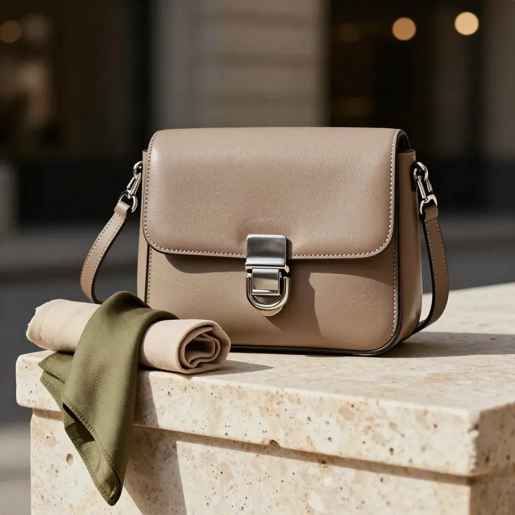 Mini crossbody bag with wrap and olive scarf on travertine, lit with soft bokeh and a bright rim.