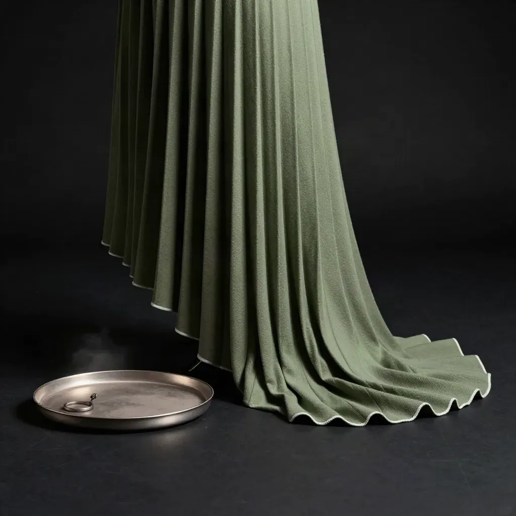 Moss pleated midi skirt arcing on matte black with wool and tray under cool rim light.