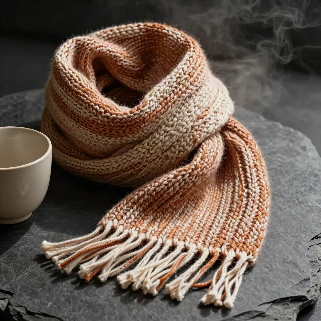 Macro of a cinnamon-and-cream knit scarf curled beside a charcoal stone cup in cool mist.