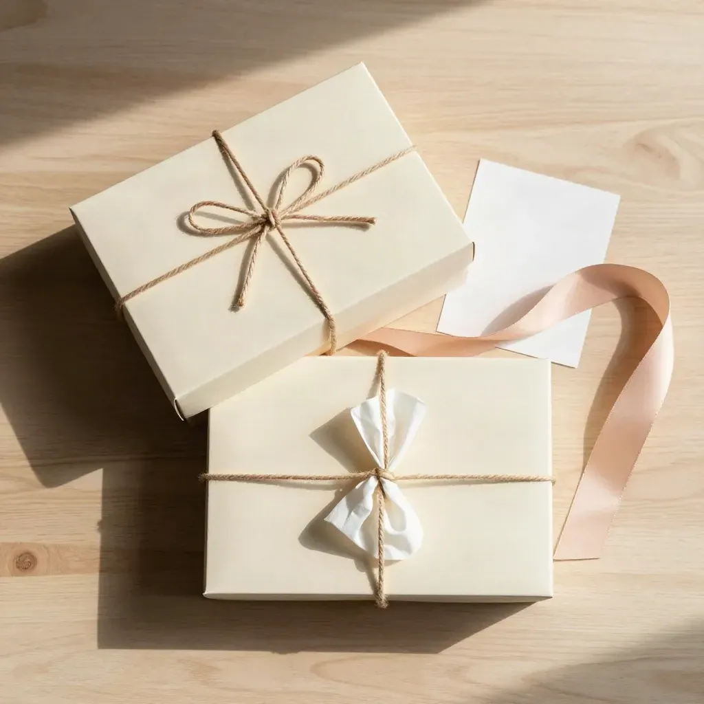 Overhead flatlay of an opened gift box set with tissue, twine, and a wrapped insert on pale wood.