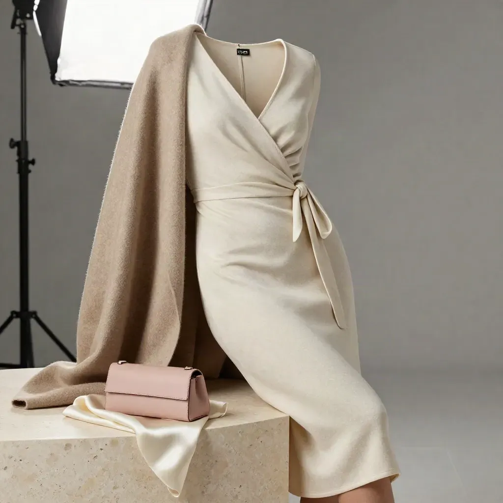 Stone wrap midi dress draped on travertine with wool wrap and blush accessory, softly lit in studio.