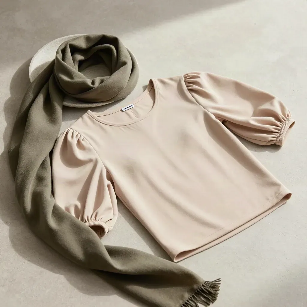 Flat lay of a puff sleeve top with stone dish and slim olive scarf on concrete.