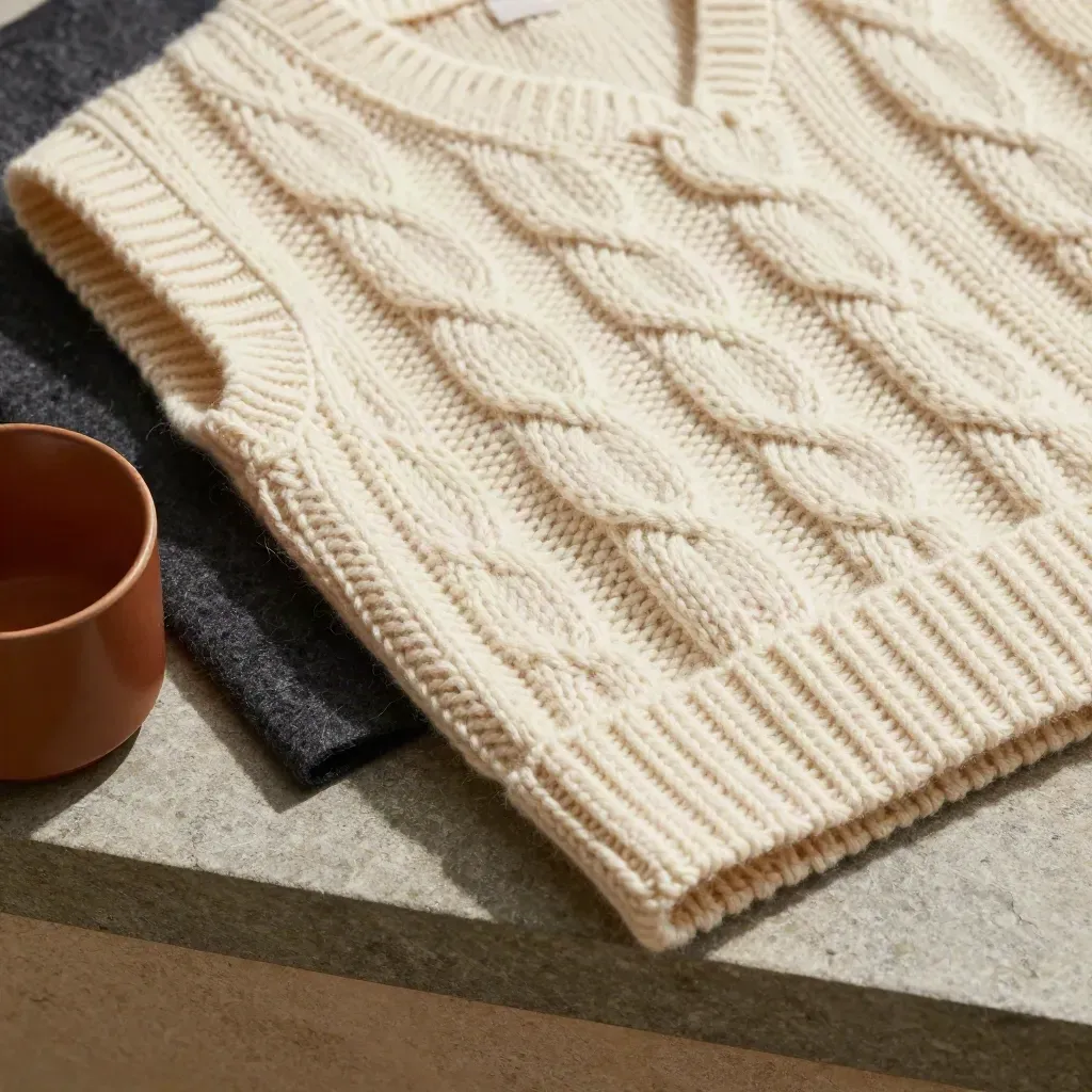 Cream cable-knit vest macro beside felt swatch and cinnamon ceramic cup