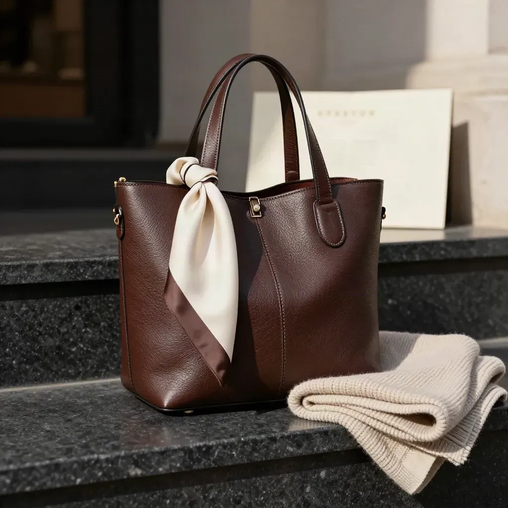 Espresso faux-leather tote with cream scarf and knit on a dark stone step, lit dramatically.
