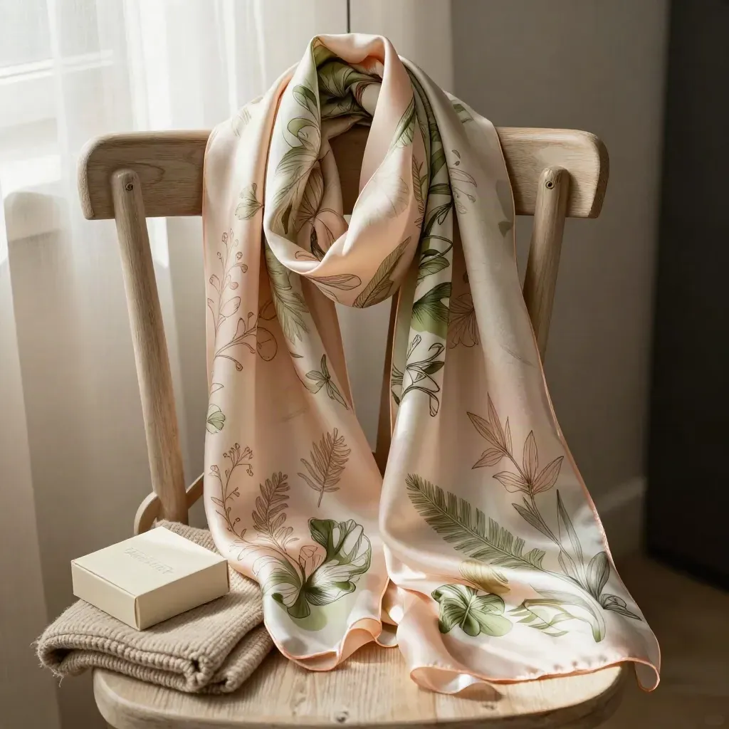 Blush and olive printed scarf draped over a pale chair with a knit and small box.