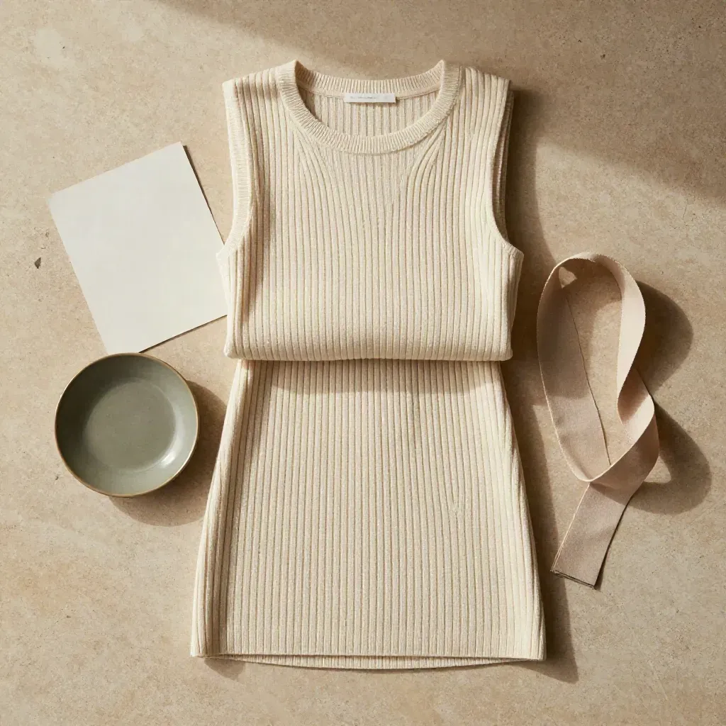 Top-down flat lay of a ribbed knit top and skirt on limestone with olive accents