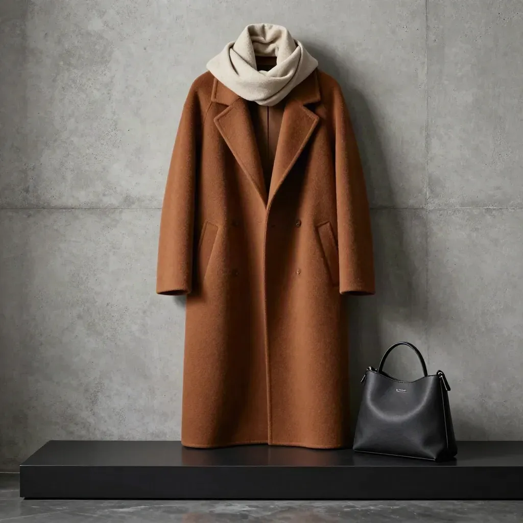 Cinnamon wool coat with scarf and compact bag in a dramatic studio still life