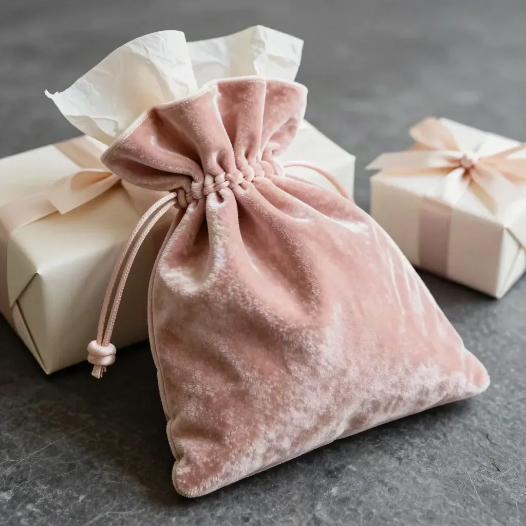 Blush velvet gift pouch beside tissue and a tiny wrapped box in a moody macro close-up.