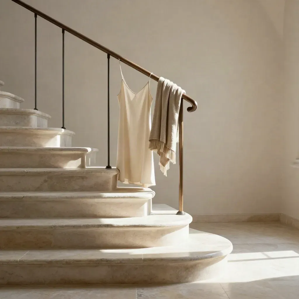Sunlit limestone stair landing with high dress rail and folded fabric under an arch.