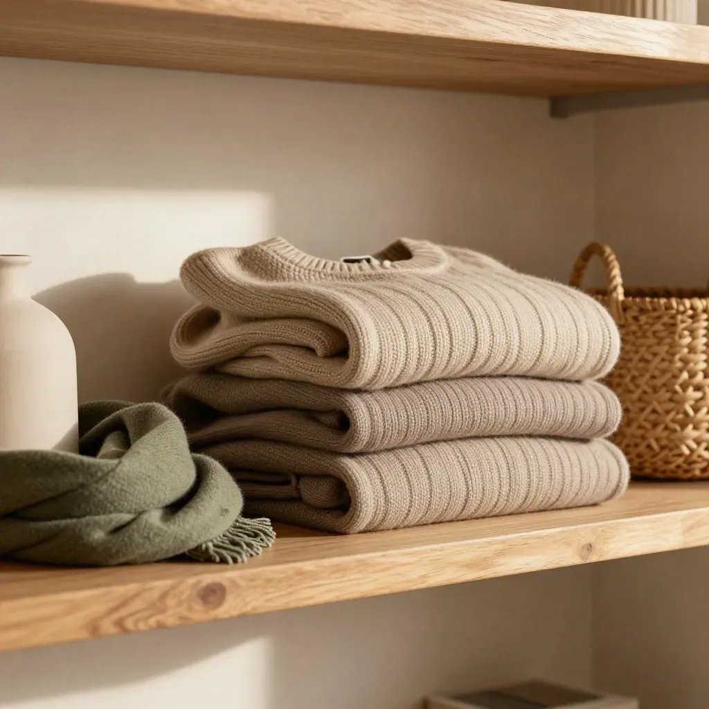 Folded knitwear on an oak shelf with a woven basket and lamp, lit by warm afternoon light.