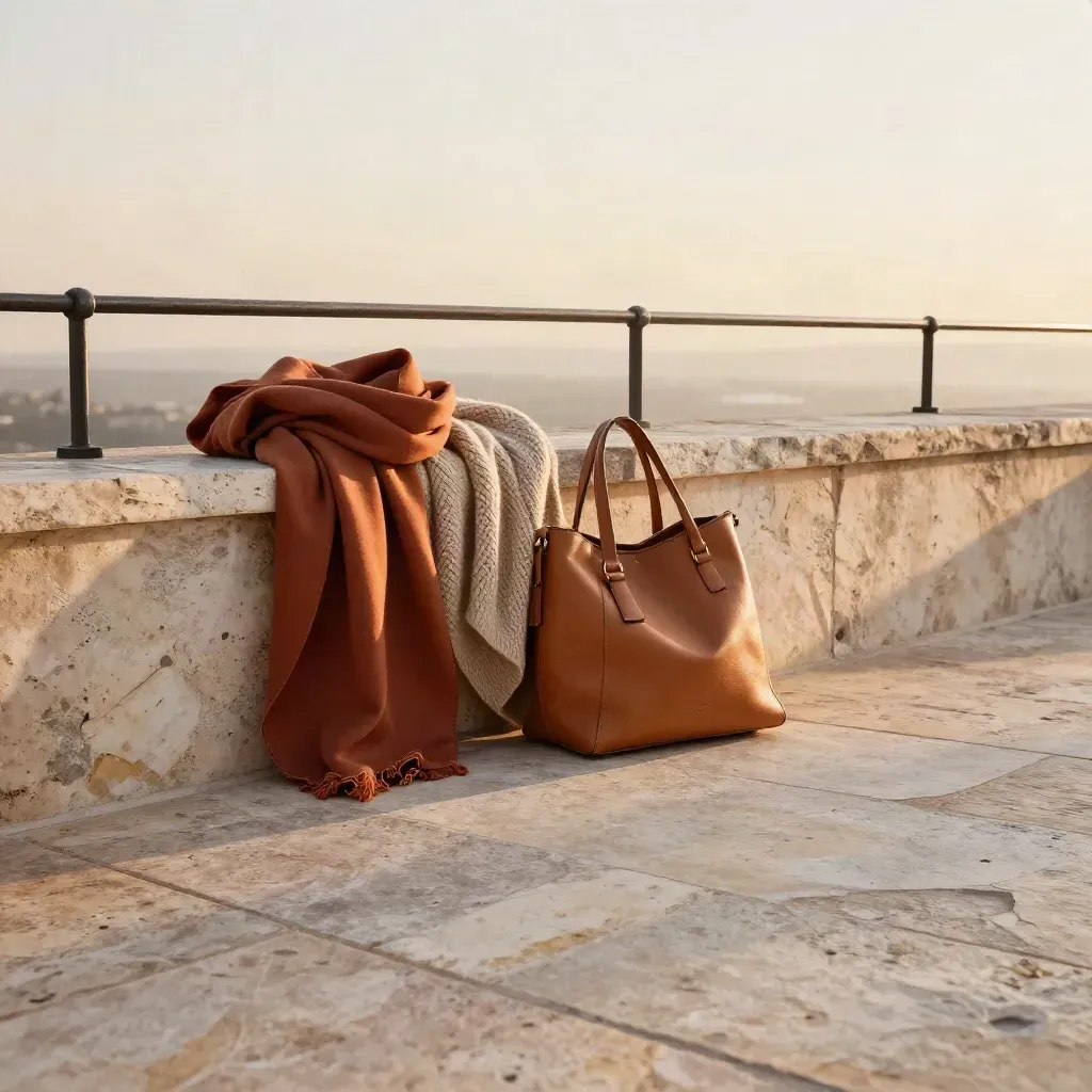 Stone terrace with scarf rail, leather bag and open pale courtyard in golden light