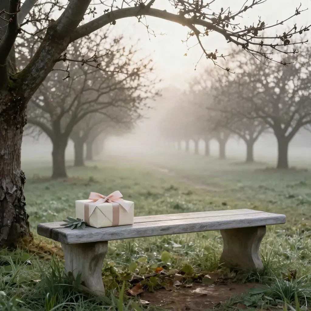 Misty orchard with a wrapped gift box on a bench above a fog-softened meadow.