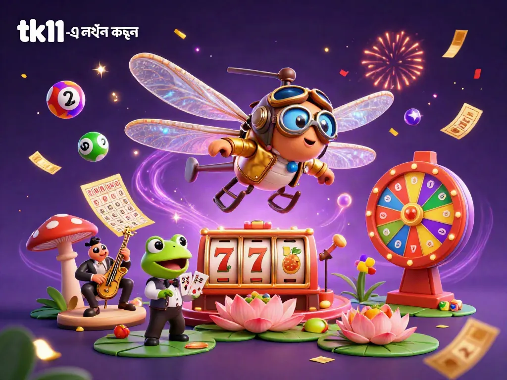 Engaging illustration of a dragonfly pilot and frog croupier showcasing excitement in tk11 -এ লগইন করুন.