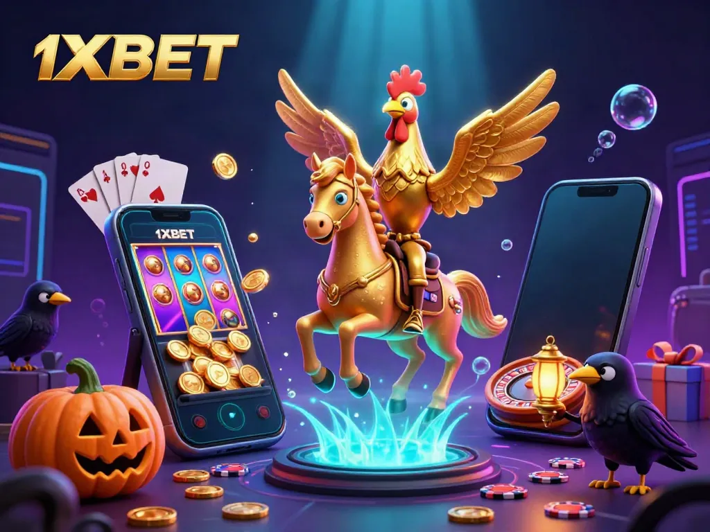 Experience thrilling gaming with 1XBET's vibrant 3D casino scene showcasing dynamic slots and golden rooster characters.