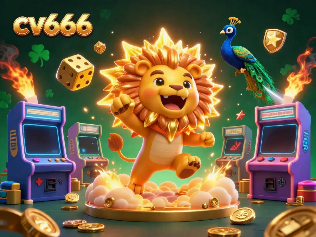 Play and win big at cv666 with a vibrant 3D casino scene featuring a sun lion and dynamic game elements.