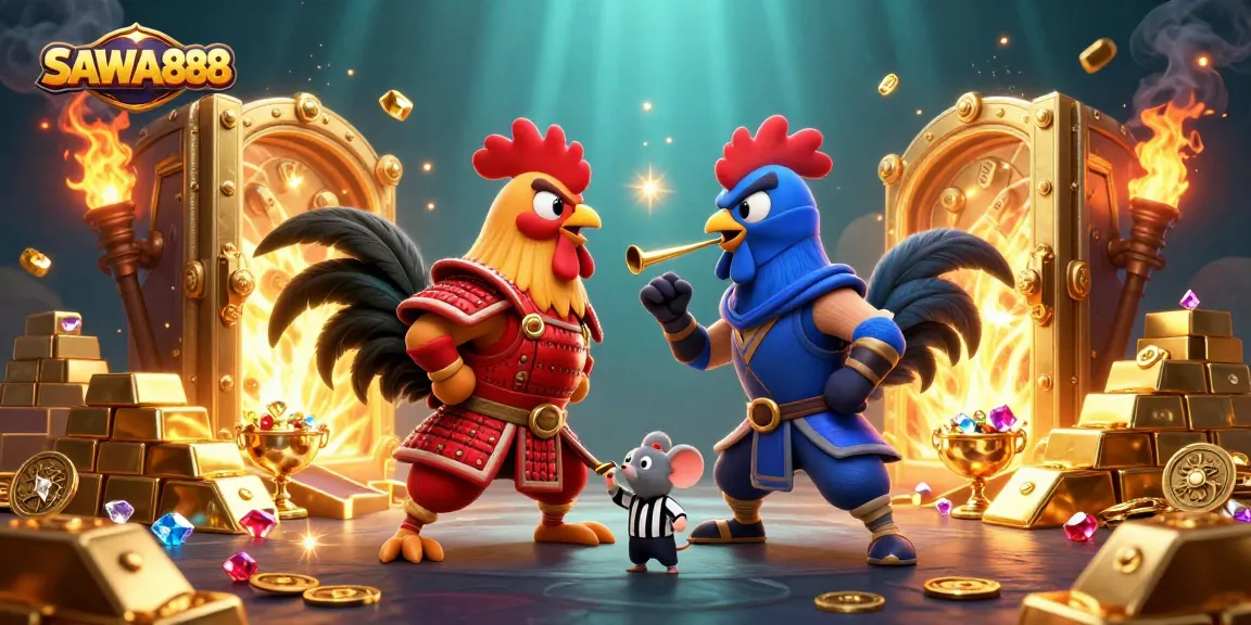 Experience thrilling action with SAWA888's betting champions, showcasing an energetic rooster duel amidst sparkling treasures.