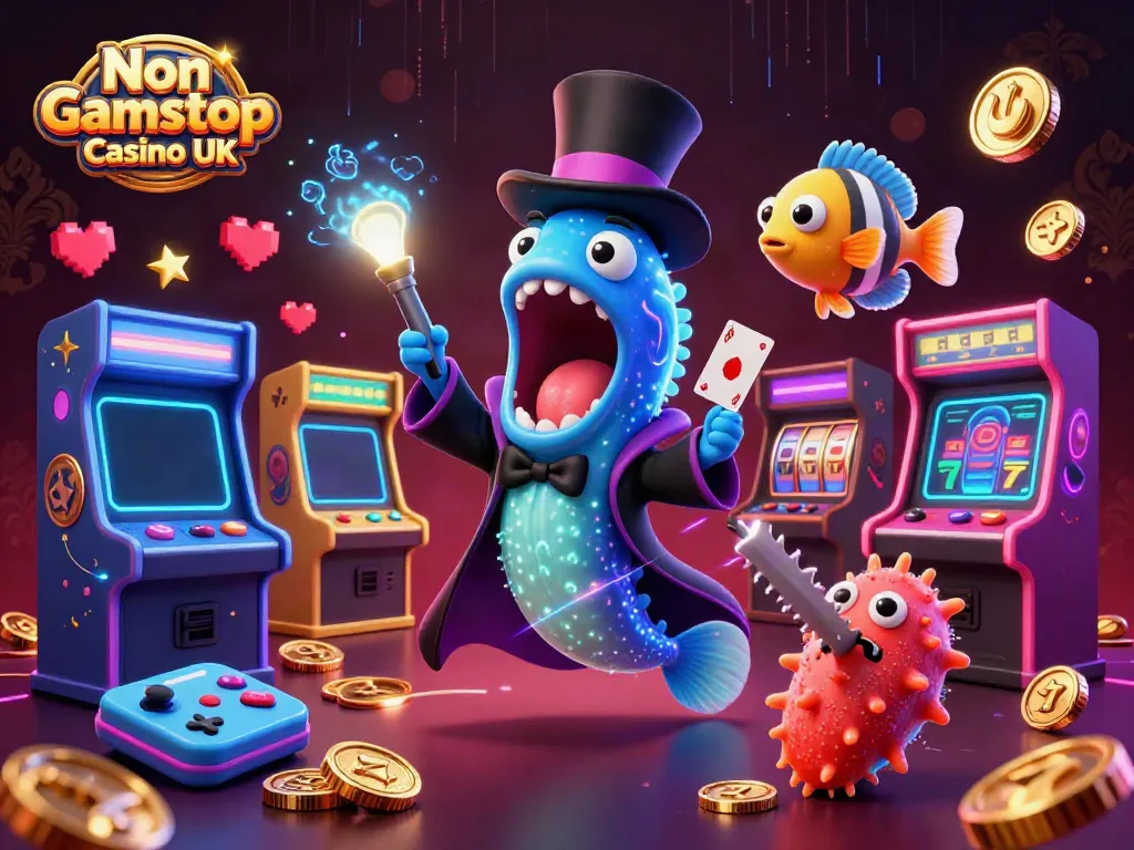 Engaging scene of Non Gamstop Casino UK depicting a bioluminescent eel magician with gaming elements and vibrant casino visuals.