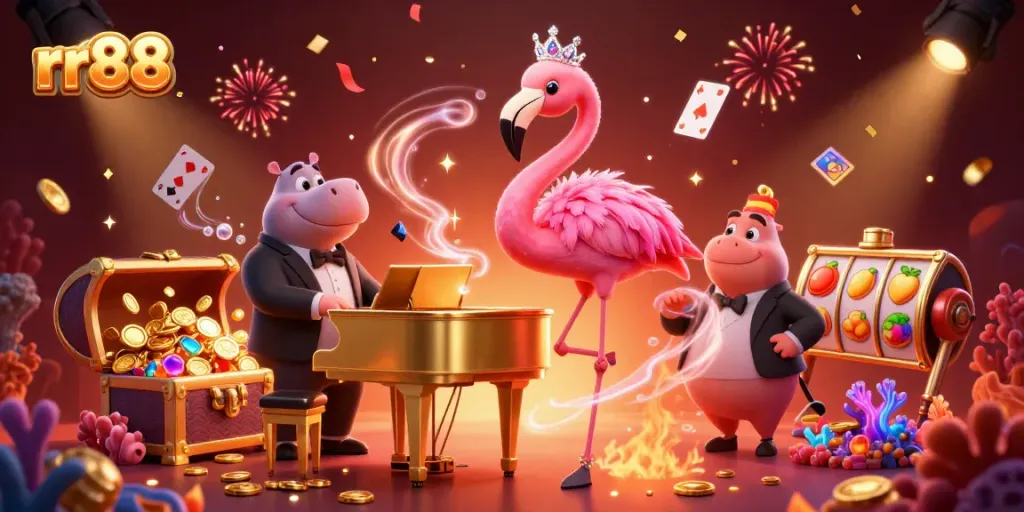 Engage in thrilling gaming at rr88 with vibrant casino scenes and lively characters.