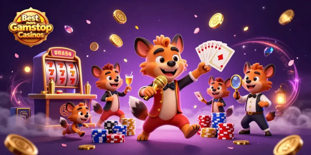 Experience the thrill of the Best non Gamstop Casinos with vibrant characters in a lively casino atmosphere.