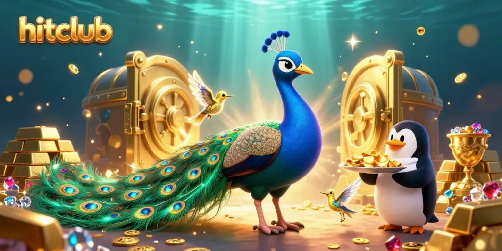 Hitclub players experiencing the vibrant world of online gambling with animated characters and treasures