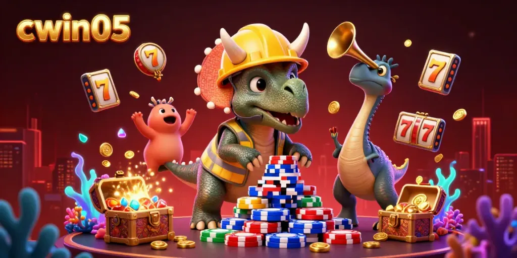 Score big with cwin05 in this vibrant 3D illustration showcasing a triceratops and parasaurolophus in a casino adventure.