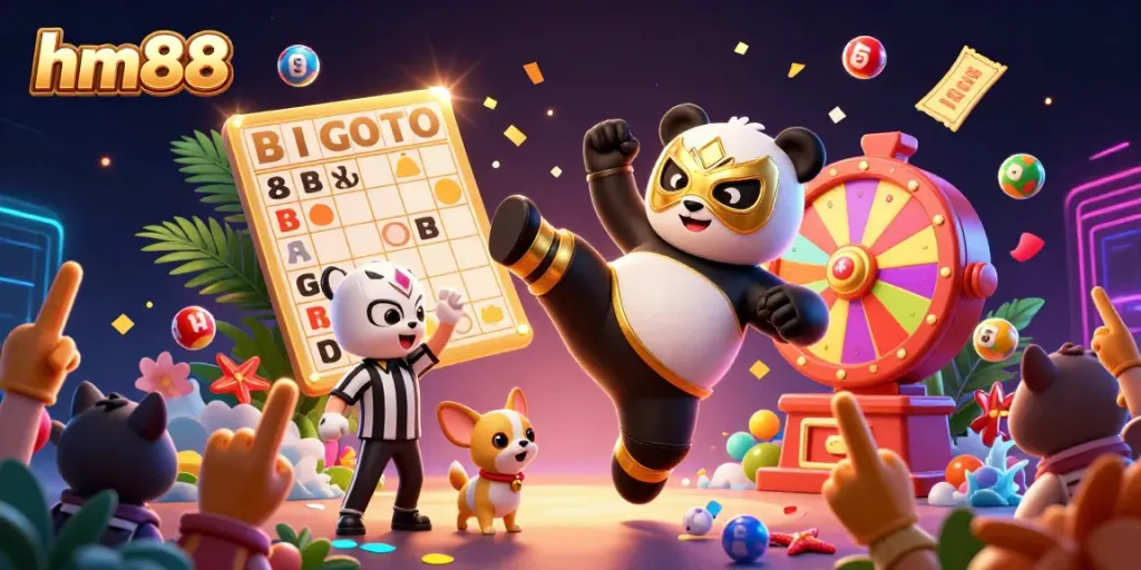 Engage in thrilling casino action with hm88 featuring a panda wrestler and lively spectators.