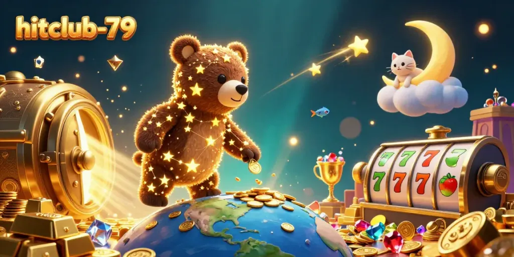 Engage in thrilling gaming at hitclub-79 with a vibrant 3D casino scene full of treasures.