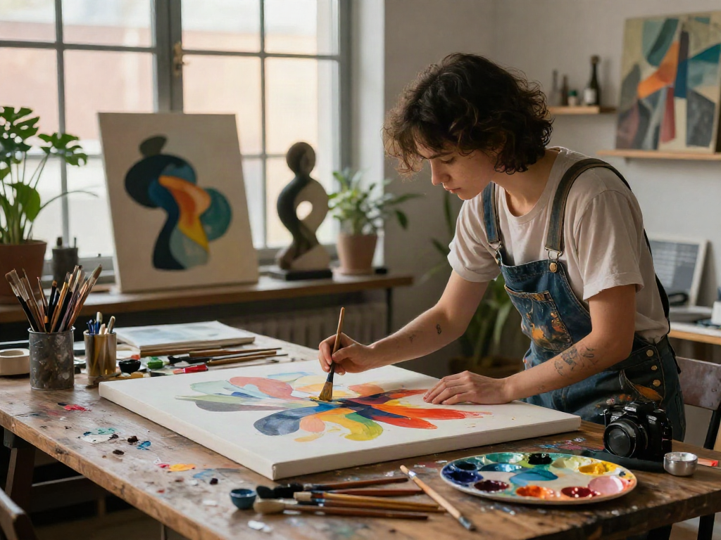Vibrant art studio scene capturing the creative process of ai nsfw artist painting abstract art
