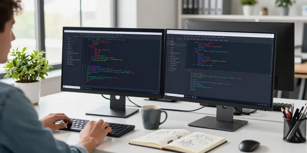 Developer coding in workspace, illustrating instant indexing tech.